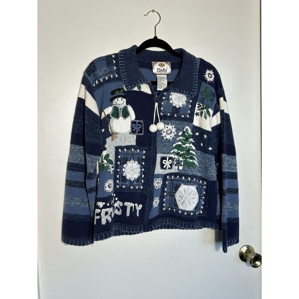 Vintage Tiara International 2002 Frosty Snowman Christmas‎ Sweater Zip Up